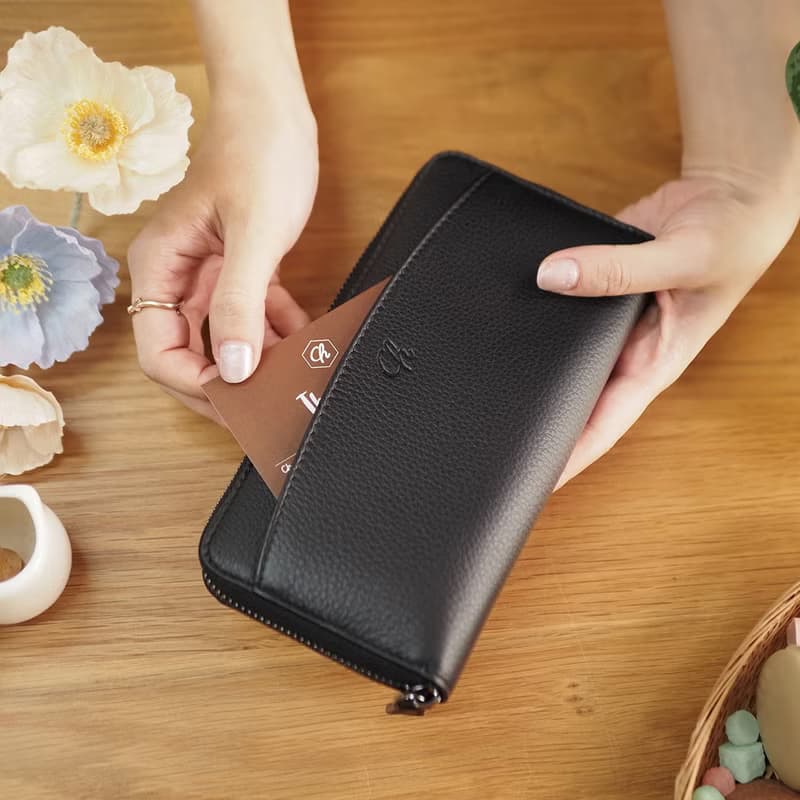 DOLLAR (Black) : Zip around long wallet, cow leather, Black wallet