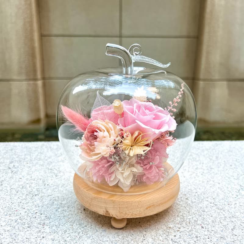 大蘋果/永生花/乾燥花/夜燈/玻璃盅/玻璃罩