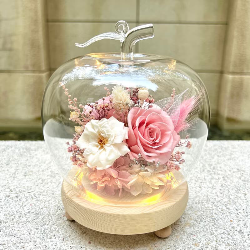 大蘋果/永生花/乾燥花/夜燈/玻璃盅/玻璃罩
