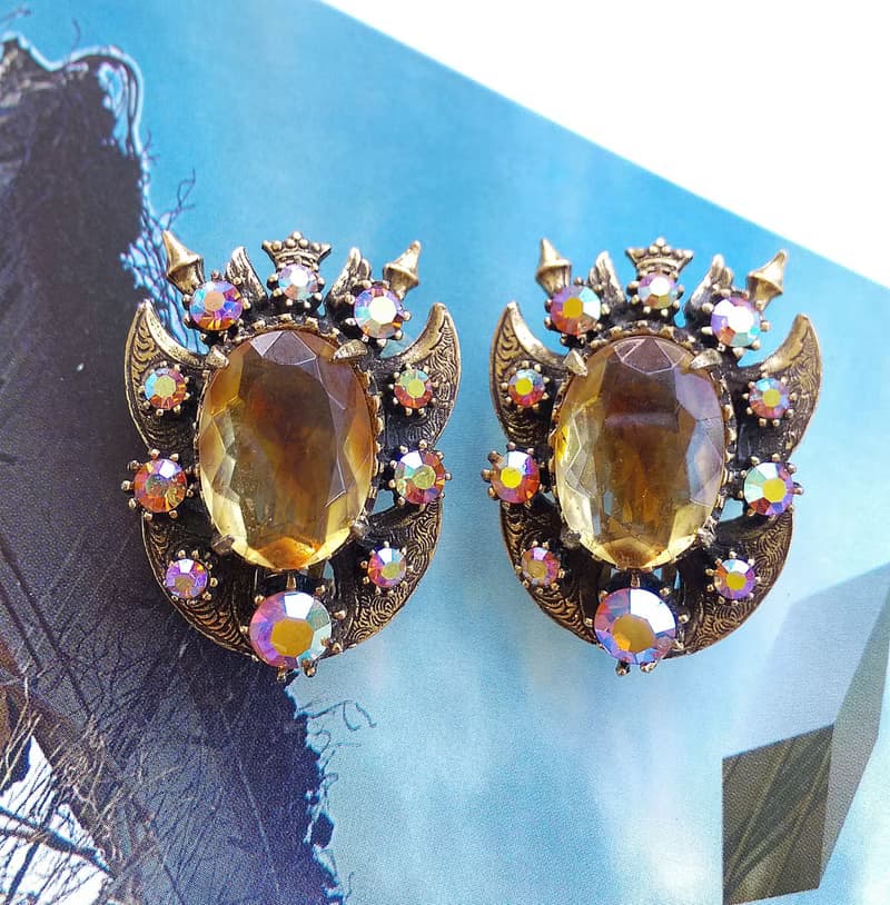 Vintage Jewelry 西洋古董飾品 FLORENZA 琥珀色調 夾式耳環