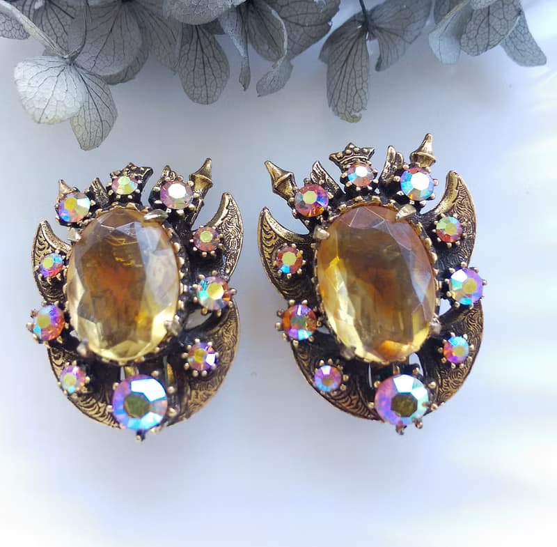 Vintage Jewelry 西洋古董飾品 FLORENZA 琥珀色調 夾式耳環