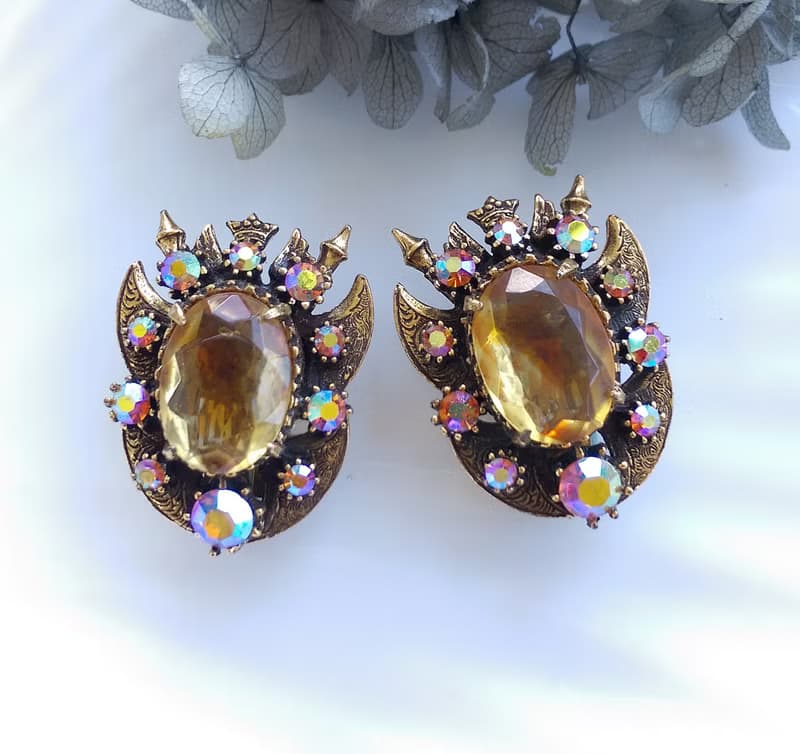 Vintage Jewelry 西洋古董飾品 FLORENZA 琥珀色調 夾式耳環
