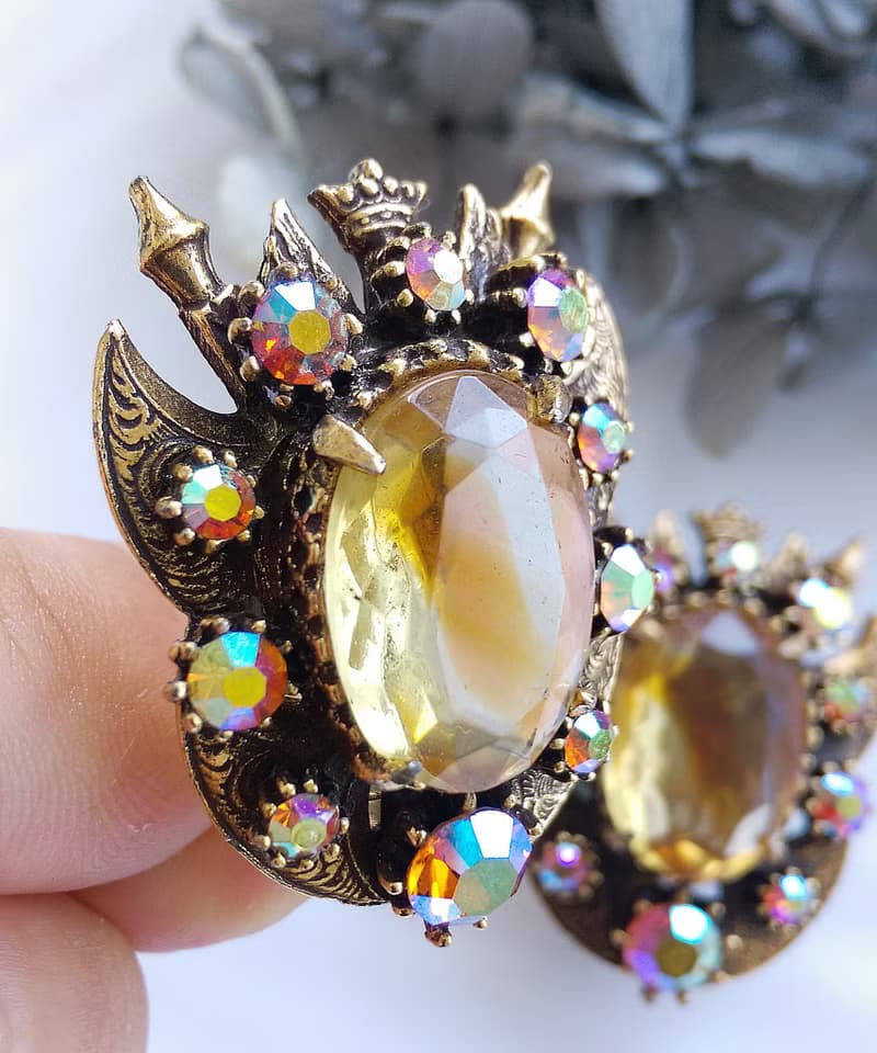 Vintage Jewelry 西洋古董飾品 FLORENZA 琥珀色調 夾式耳環