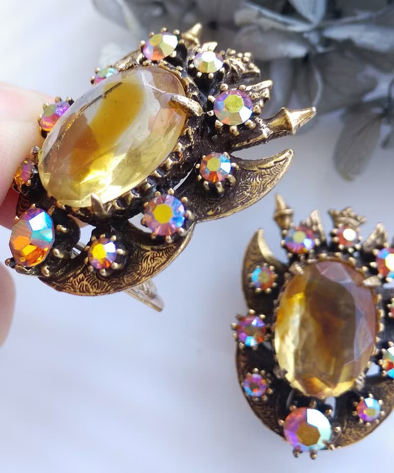 Vintage Jewelry 西洋古董飾品 FLORENZA 琥珀色調 夾式耳環