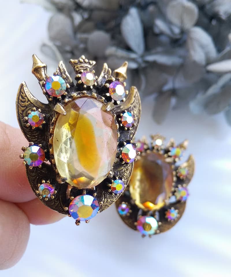 Vintage Jewelry 西洋古董飾品 FLORENZA 琥珀色調 夾式耳環