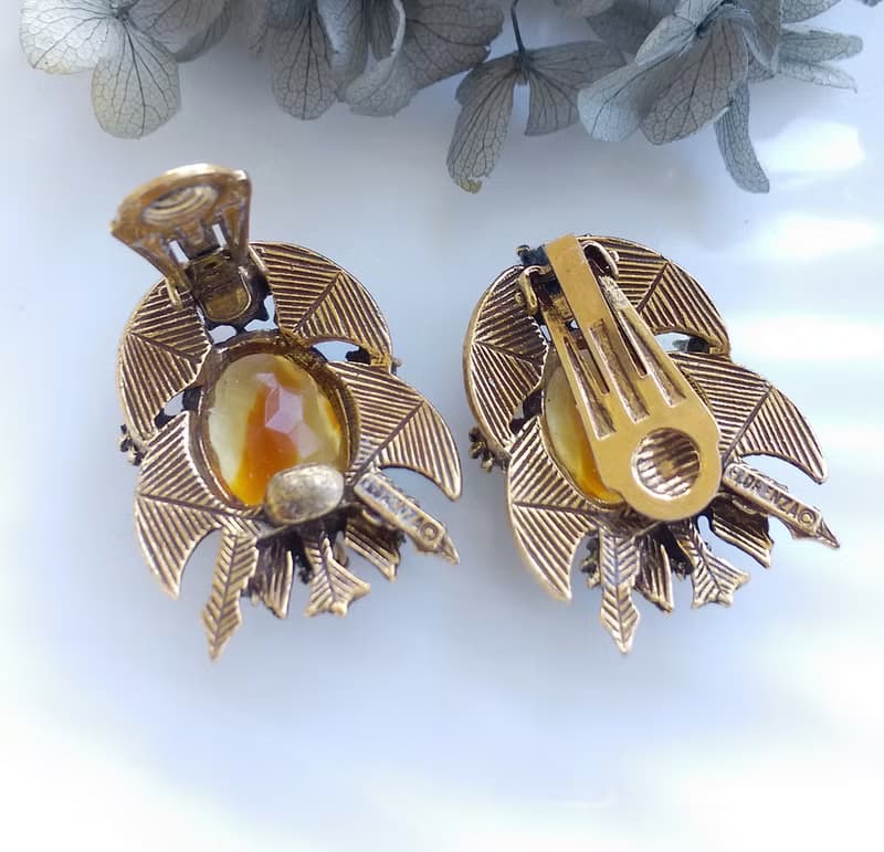 Vintage Jewelry 西洋古董飾品 FLORENZA 琥珀色調 夾式耳環