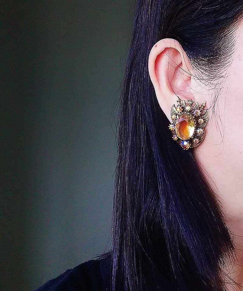 Vintage Jewelry 西洋古董飾品 FLORENZA 琥珀色調 夾式耳環