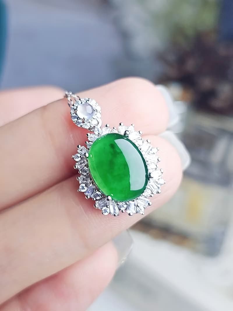 |財富|A貨翡翠老坑種冰玻大綠蛋純銀奢華款吊墜項鍊