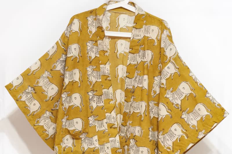 木刻印純棉和服外套 印度棉日式和服襯衫 手工蓋印棉上衣-南迪牛