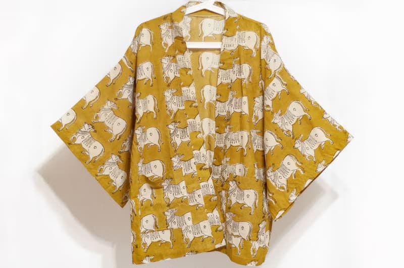 木刻印純棉和服外套 印度棉日式和服襯衫 手工蓋印棉上衣-南迪牛