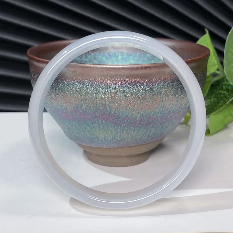 冰潤白瑪瑙手鐲58MM 小寬條透感清新白玉髓手環 皓白如凡 顯氣質