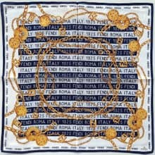 Vintage Fendi Scarf – Roma Italy 1925 Logo & Gold Chain Print 20 x 19.5 inches