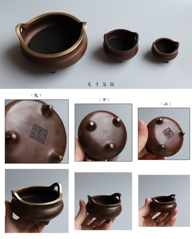 黃銅燒藍棕染三足雙耳香爐, 香座, 香盤, 線香香插香爐