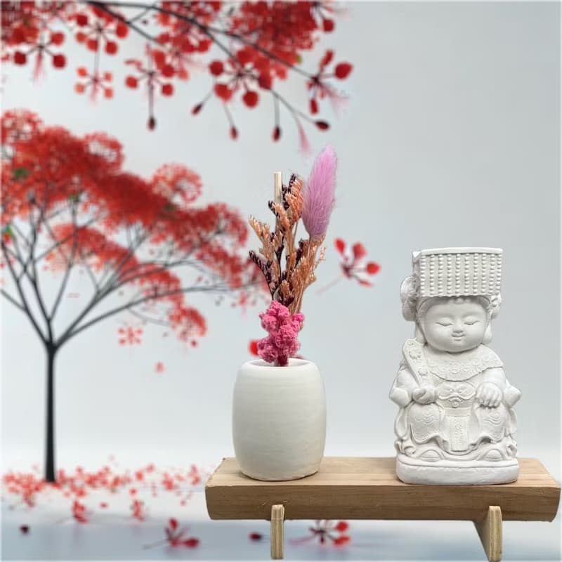 文青簡約風 淨念吉祥之媽祖小佛 原木底座系列 搭配永生花擴香瓶