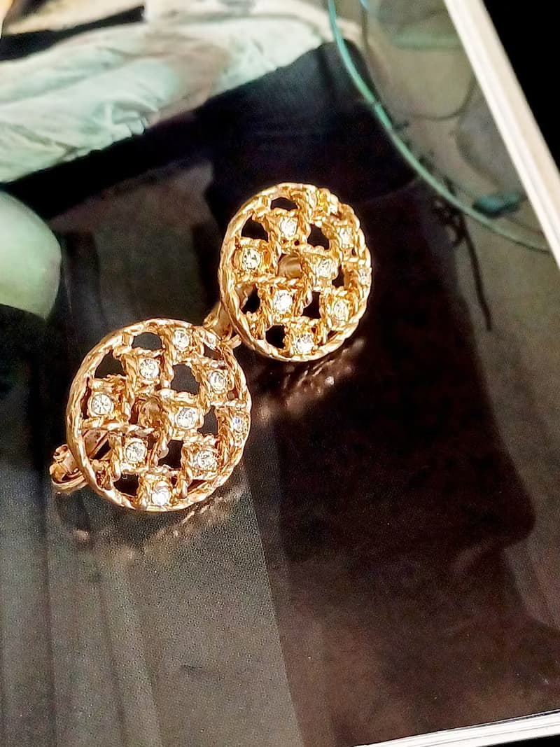 vintage jewelry  復古金色網狀綴萊茵鑽  夾式耳環