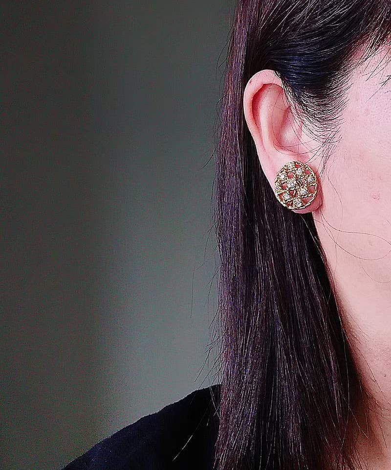 vintage jewelry  復古金色網狀綴萊茵鑽  夾式耳環