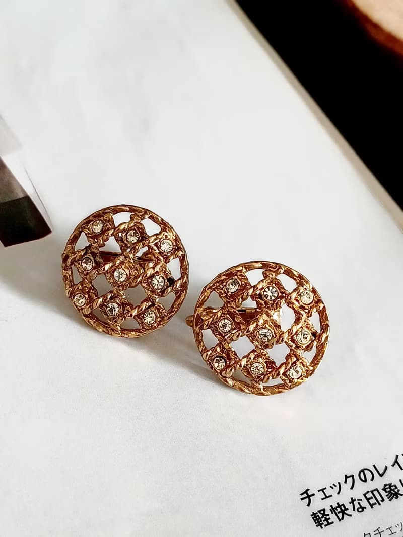vintage jewelry  復古金色網狀綴萊茵鑽  夾式耳環