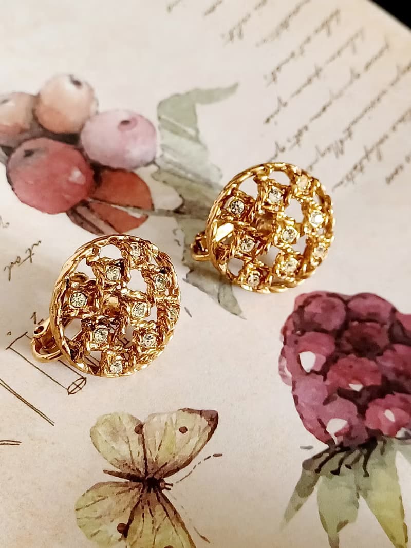 vintage jewelry  復古金色網狀綴萊茵鑽  夾式耳環