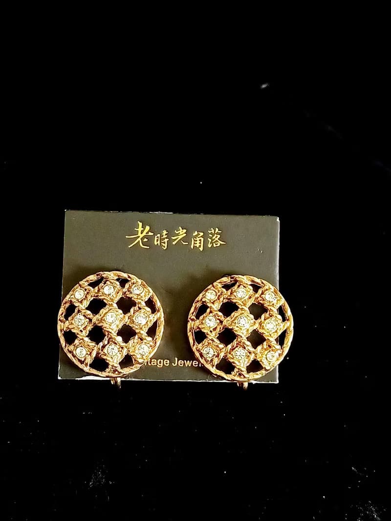 vintage jewelry  復古金色網狀綴萊茵鑽  夾式耳環
