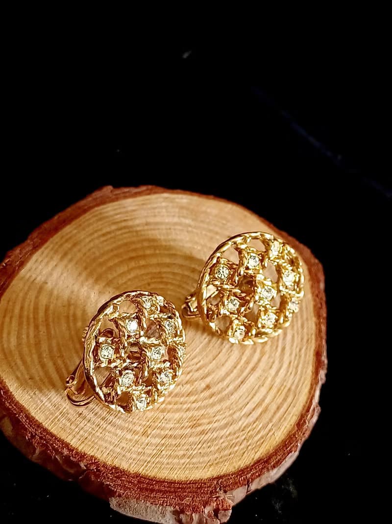 vintage jewelry  復古金色網狀綴萊茵鑽  夾式耳環