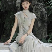 新中式復古 草木染尤加利收腰連身裙