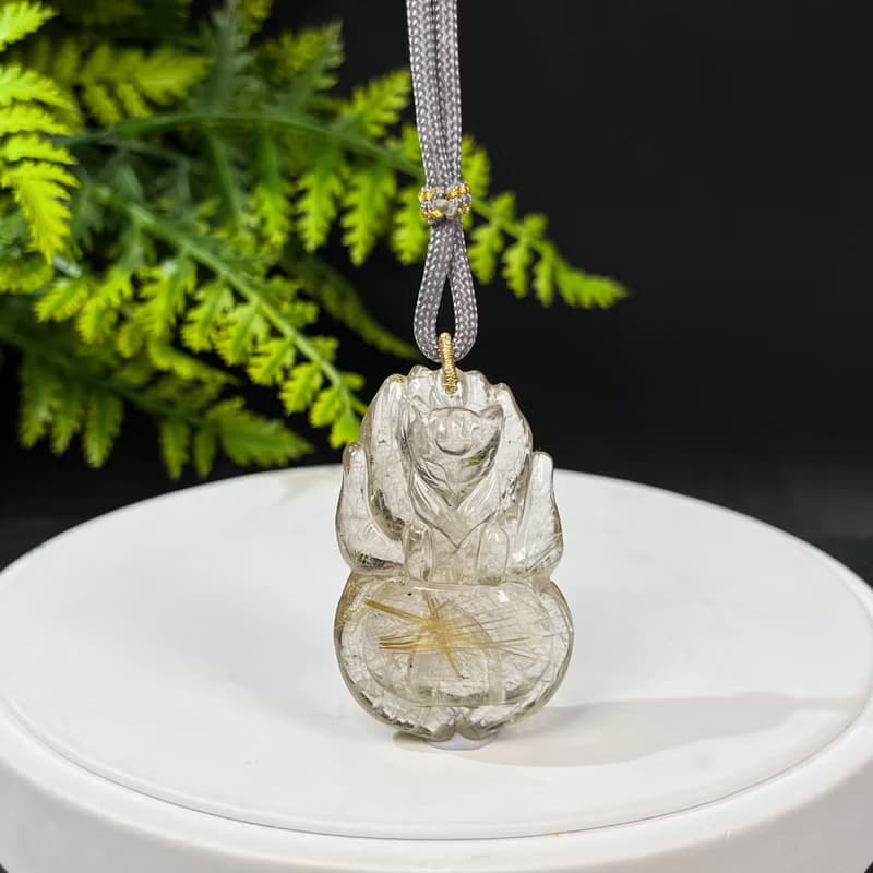 冰透金髪晶九尾狐吊墜 立體手雕發絲金紅石水晶項鏈 富貴吉祥自信