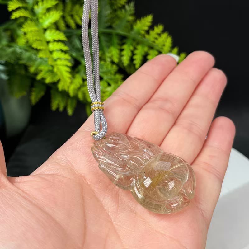 冰透金髪晶九尾狐吊墜 立體手雕發絲金紅石水晶項鏈 富貴吉祥自信