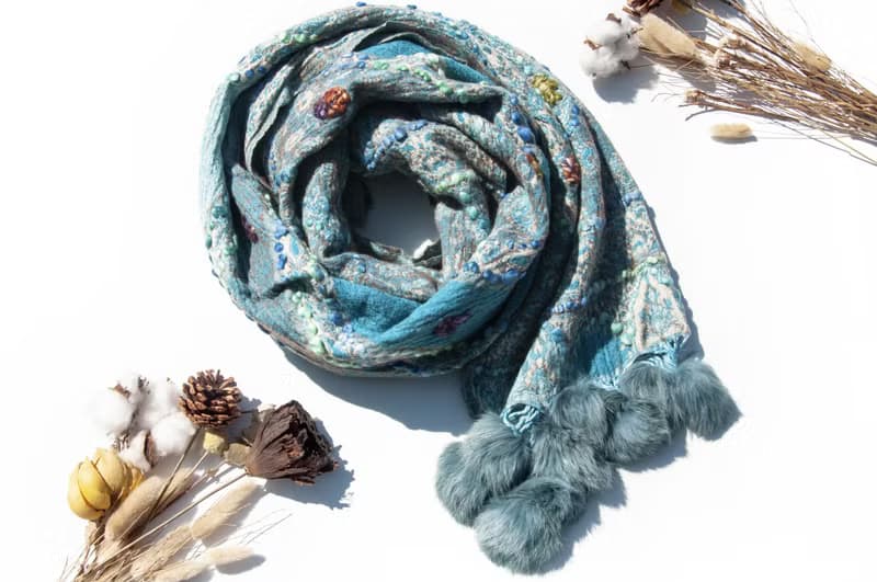 喀什米爾Cashmere/水煮羊毛披肩/針織圍巾/刺繡圍巾/羊絨披巾-花
