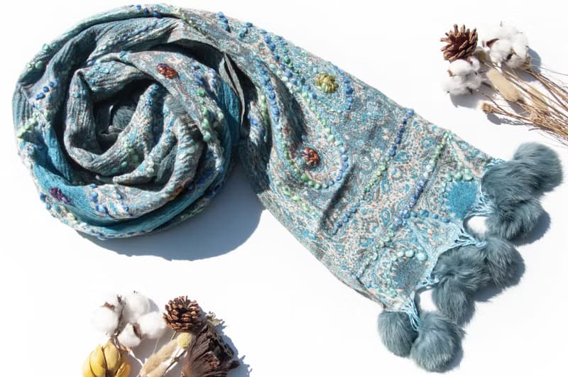 喀什米爾Cashmere/水煮羊毛披肩/針織圍巾/刺繡圍巾/羊絨披巾-花