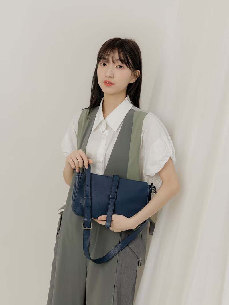 supportingrole 真皮簡單優雅線條設計肩側背包 藍