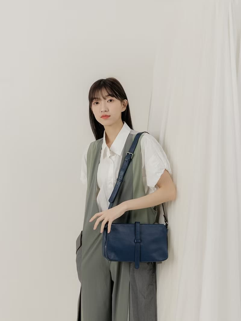 supportingrole 真皮簡單優雅線條設計肩側背包 藍