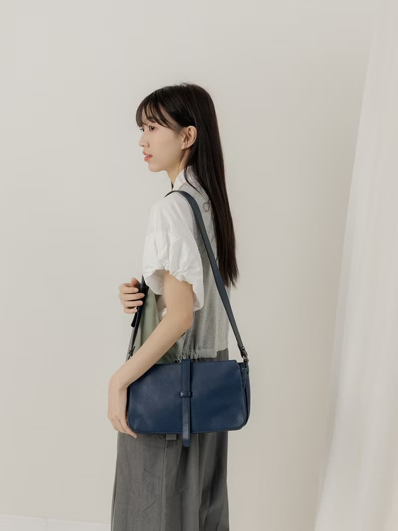 supportingrole 真皮簡單優雅線條設計肩側背包 藍