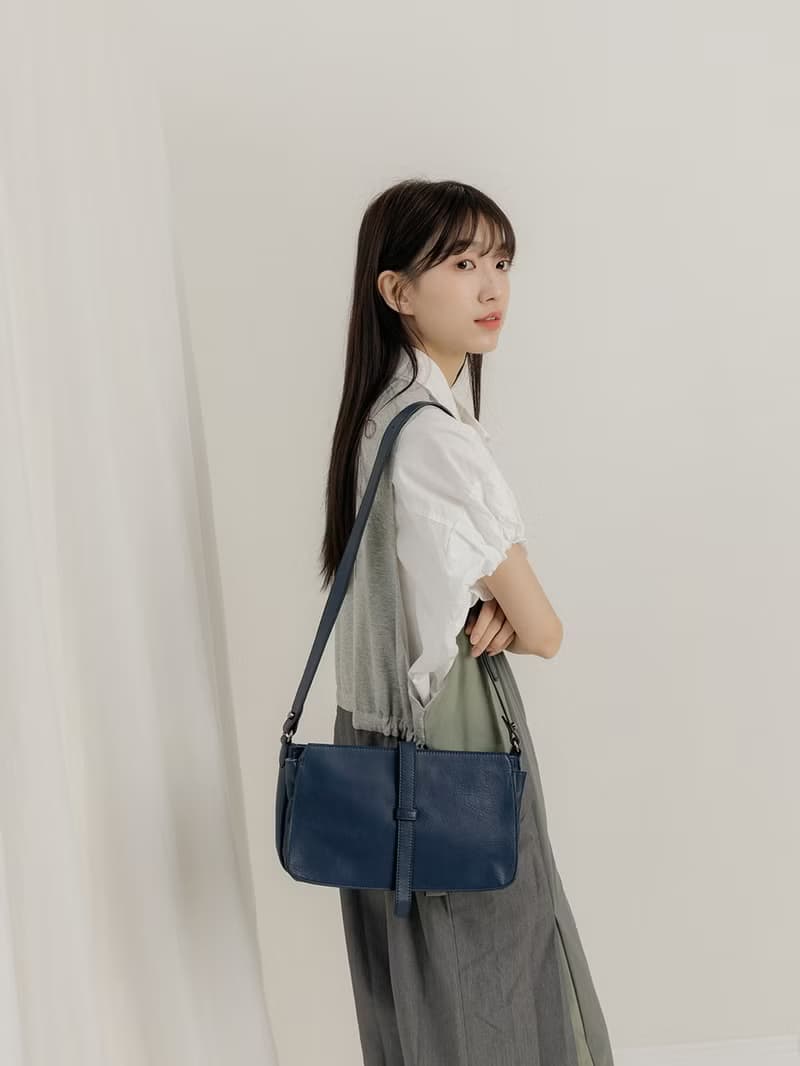 supportingrole 真皮簡單優雅線條設計肩側背包 藍