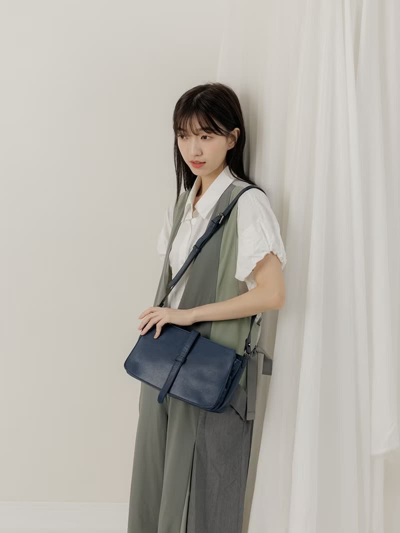 supportingrole 真皮簡單優雅線條設計肩側背包 藍