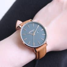 Siempre簡約玫瑰金色法國真皮錶帶對錶手錶 / SI-11002 黛綠 女款