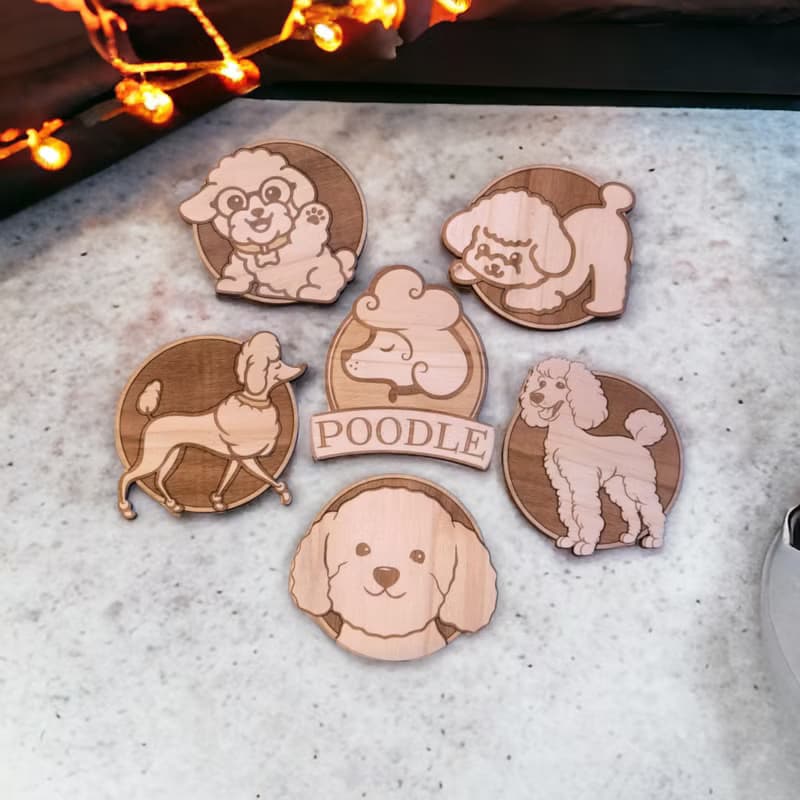 Poodle Wooden Coaster Set – Elegant Poodle Breed Themed Wooden Drink Coasters