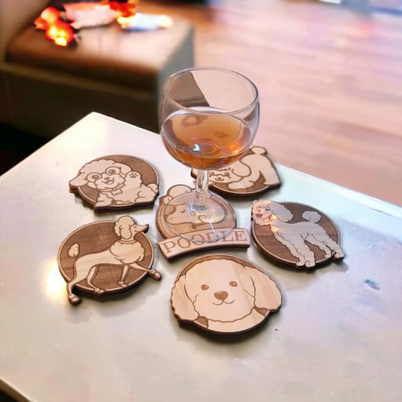 Poodle Wooden Coaster Set – Elegant Poodle Breed Themed Wooden Drink Coasters