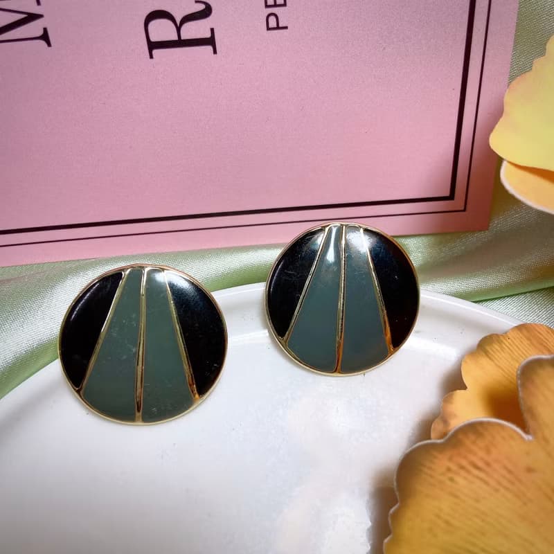 【西洋古董飾品】線條圓琺瑯線拼接條感 灰黑  耳環 耳針