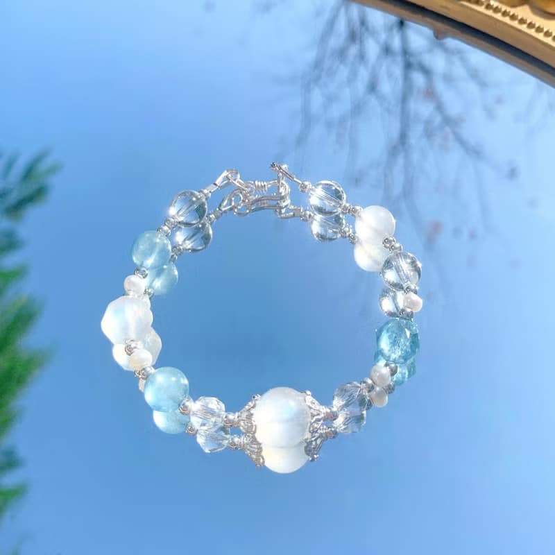 925純銀 水晶手鍊 月光石 海藍寶 白水晶 淡水珍珠 手作飾品