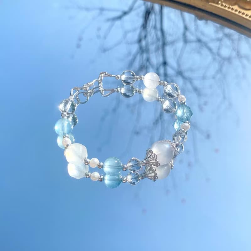 925純銀 水晶手鍊 月光石 海藍寶 白水晶 淡水珍珠 手作飾品