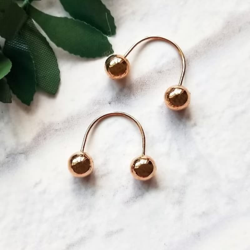 Eli Jewelry義大利18K金 個性風U型雙小圓球18K玫瑰金C型耳環耳針