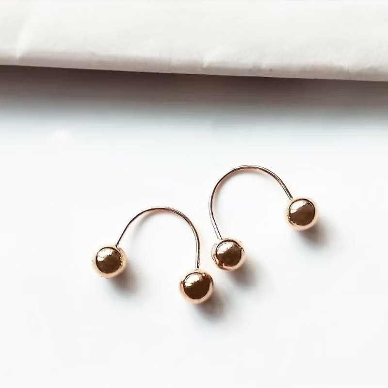 Eli Jewelry義大利18K金 個性風U型雙小圓球18K玫瑰金C型耳環耳針
