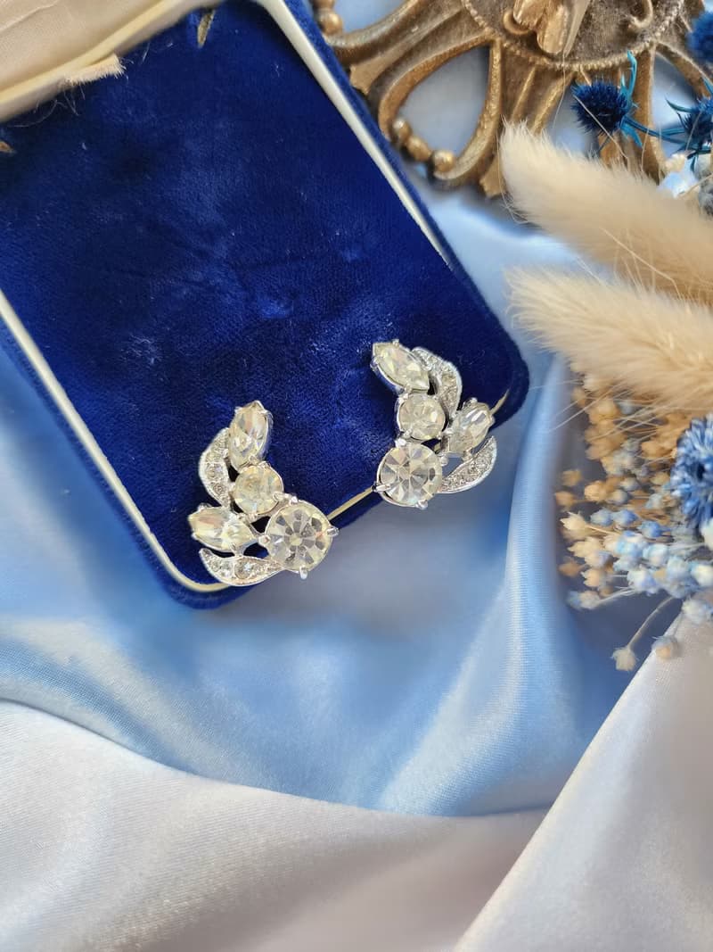 Eisenberg Ice晶鑽梨葉晚宴夾式耳環/vintage西洋古董飾品