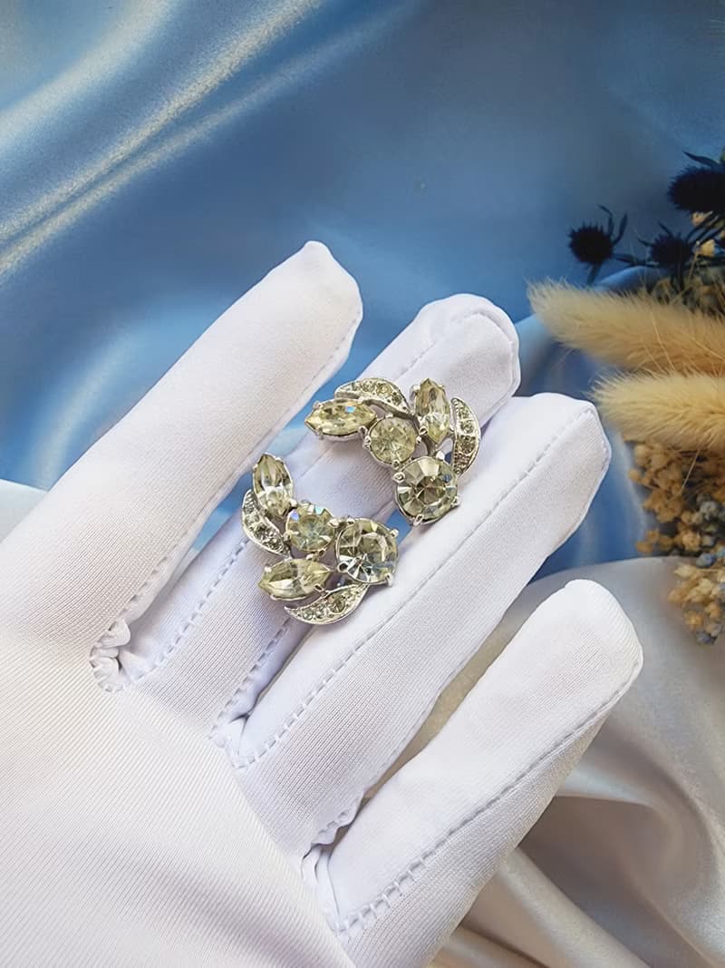 Eisenberg Ice晶鑽梨葉晚宴夾式耳環/vintage西洋古董飾品