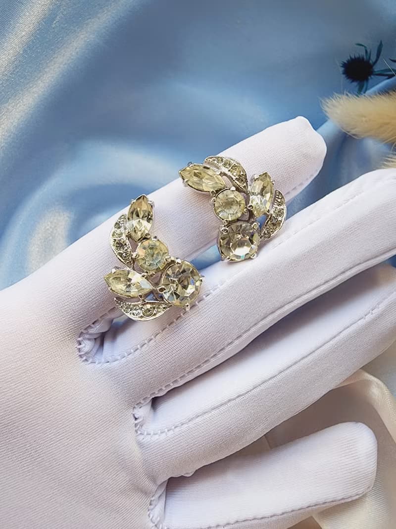 Eisenberg Ice晶鑽梨葉晚宴夾式耳環/vintage西洋古董飾品