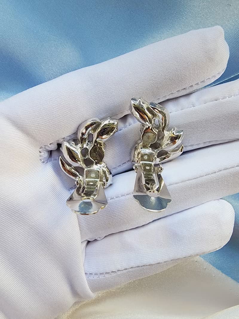 Eisenberg Ice晶鑽梨葉晚宴夾式耳環/vintage西洋古董飾品