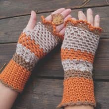 Women's Crochet fingerless gloves Orange beige knit arm warmers Cottagecore