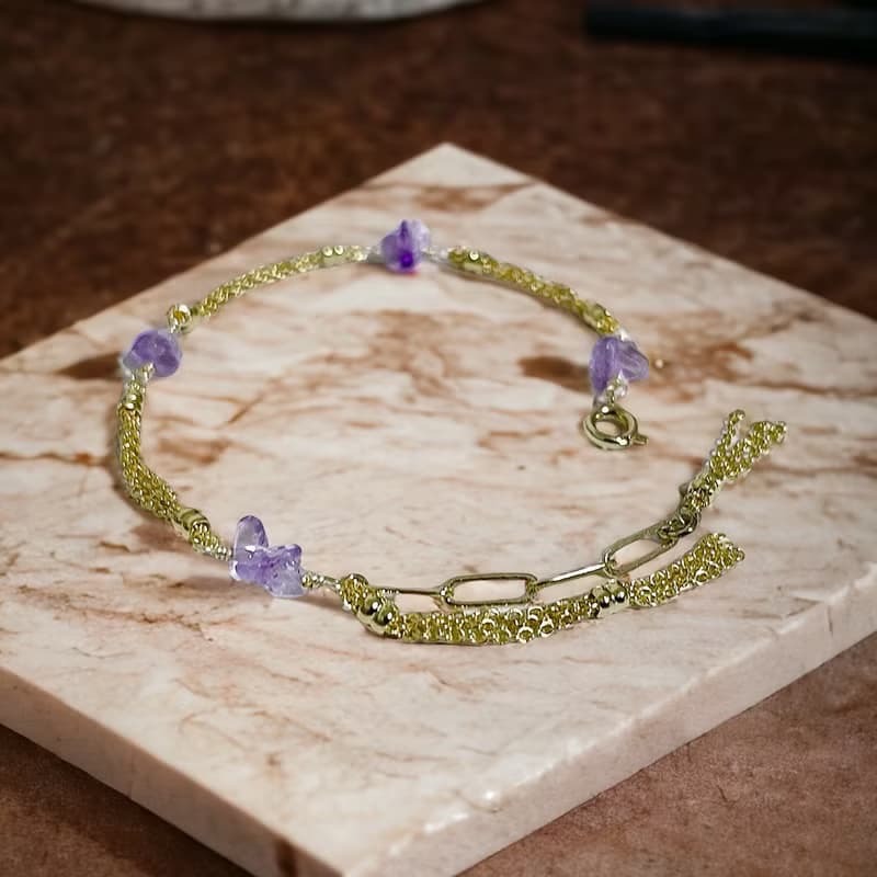 VIIART。春之預告。天然紫水晶黃銅厚鍍K金復古手鍊