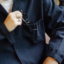 OUTER 日系潮流質感紋理口袋寬鬆外套 古巴領長袖Cityboy藏青男生