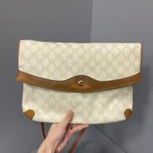 GUCCI 咖啡色 奶白色 古董包 義大利 老花真皮 可斜背 vintage
